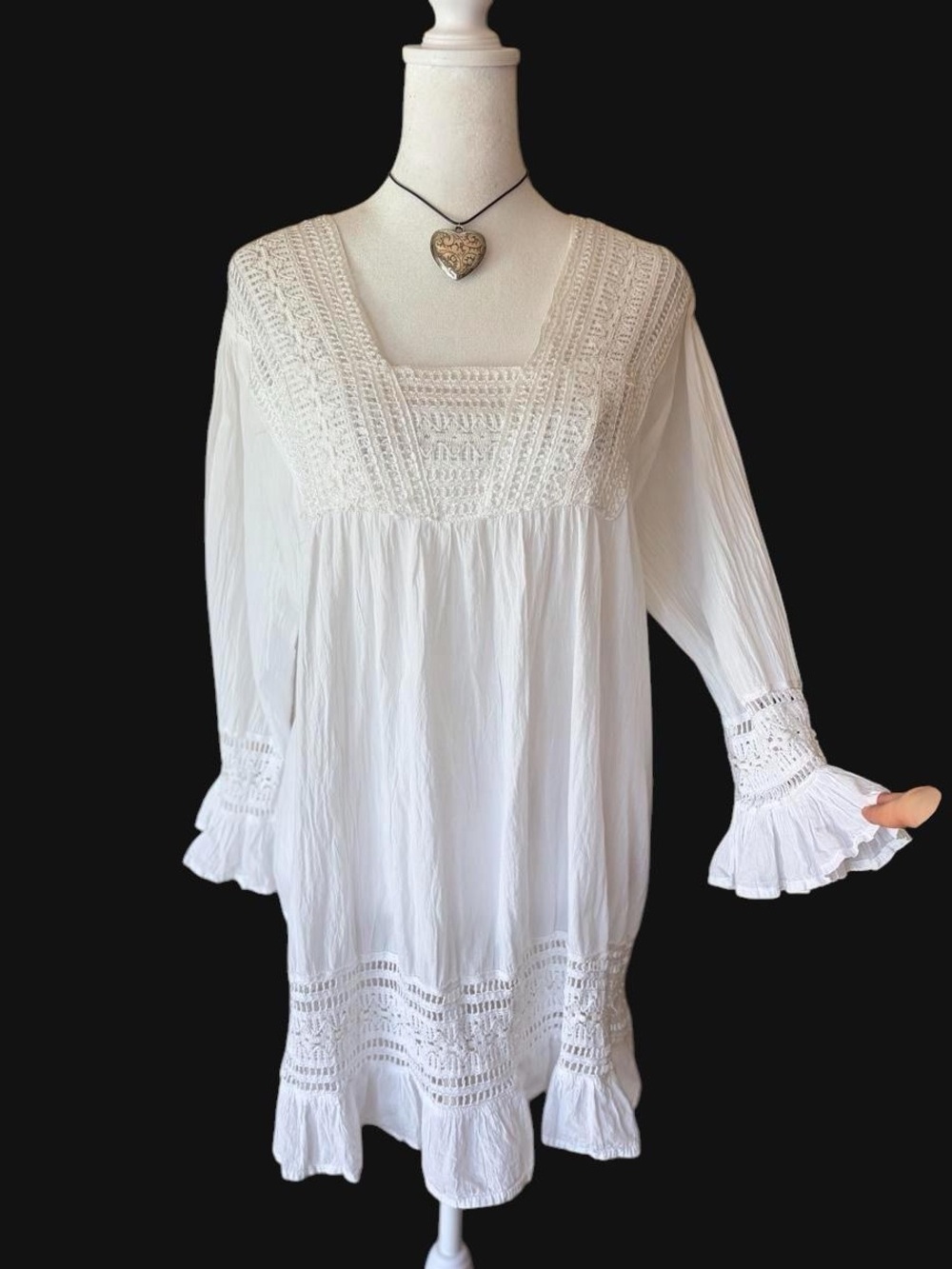 Vintage Y2K Edwardian crochet lace ruffle babydoll boho mini dress white 70s L